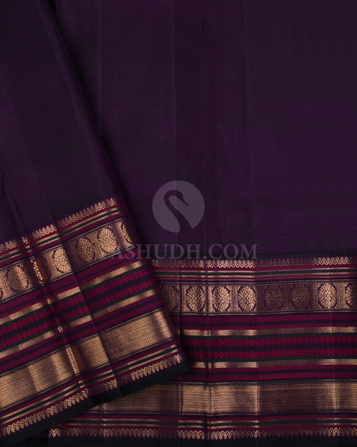 Peachy Pink & Aubergine Kanjivaram Silk Saree - S1067(A) - View 3