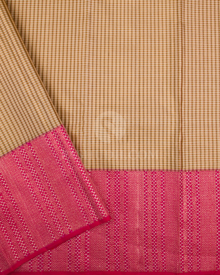Red Shot Pink & Khaki Kanjivaram Silk Saree - S1091(B) - View 3