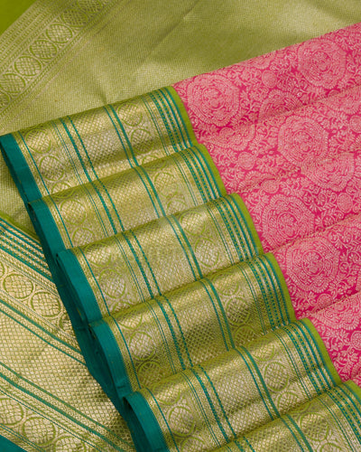 Watermelon Pink & Parrot Green Kanjivaram Silk Saree - S984 - View 4