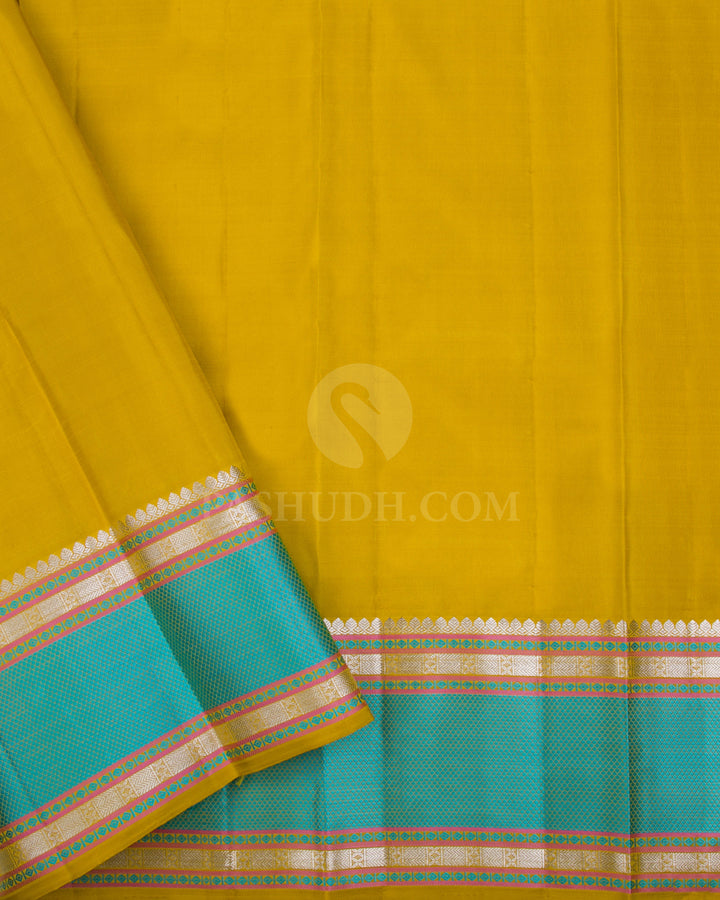 Mustard Yellow & Sky Blue Kanjivaram Silk Saree - D10 - View 2