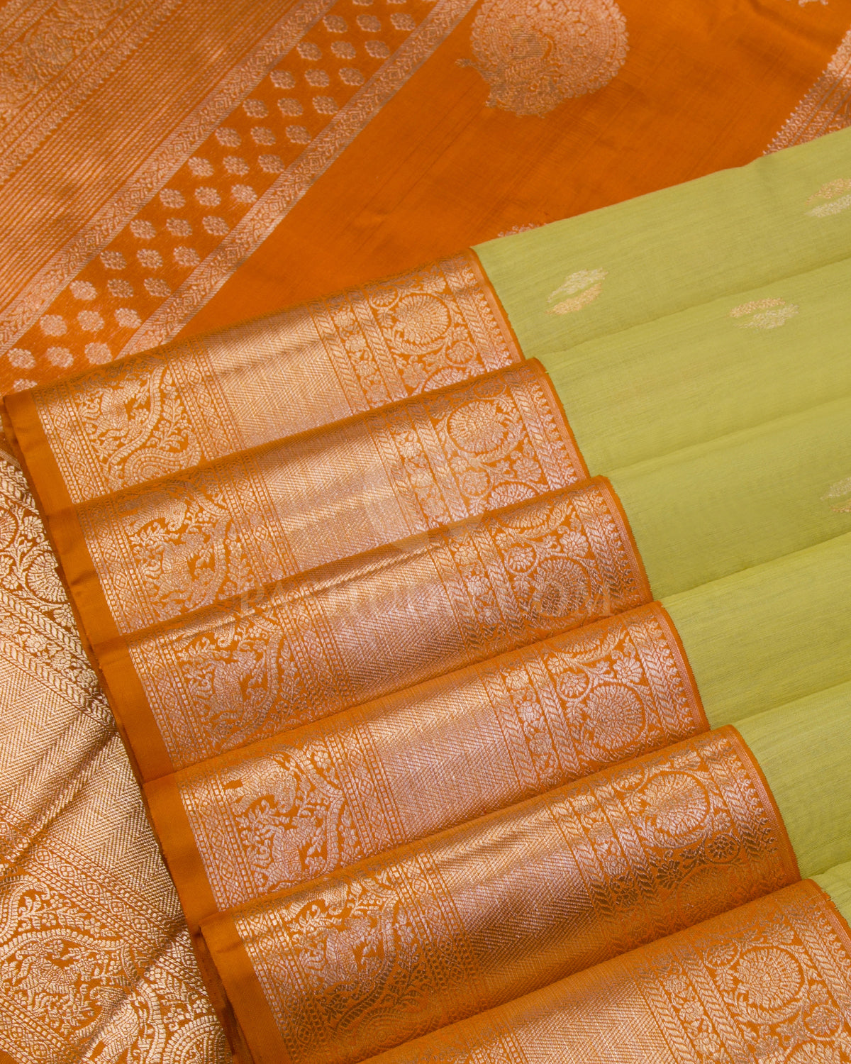 Lime Yellow & Orange Kanjivaram Silk Saree - S1006 - View 4