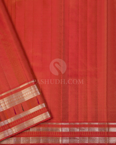 Bottle Green & Sunset Red Pure Zari Kanjivaram Silk Saree - P132 - View 3