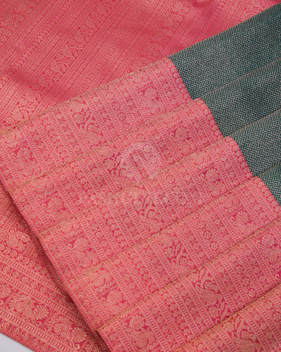 Pink Green & Coral Orange Kanjivaram Silk Saree - S988 -View 4