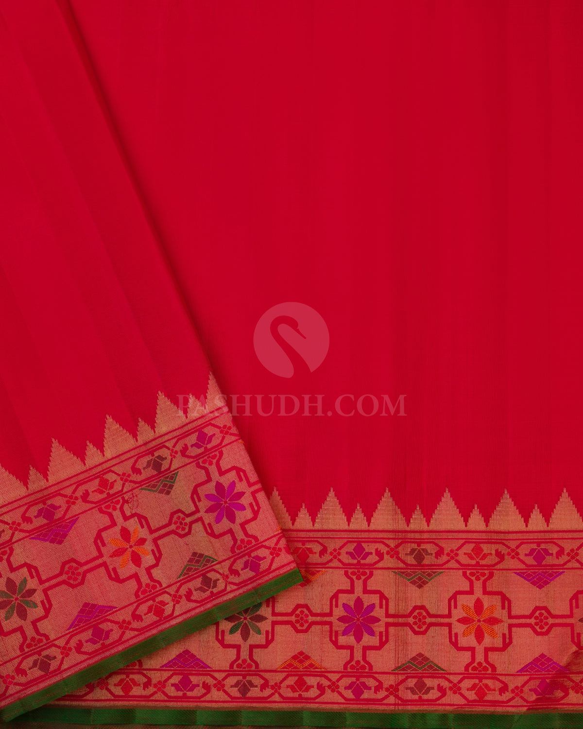 Dark Red and Green Pure Zari Kanjivaram Silk Saree - P114 - View 4