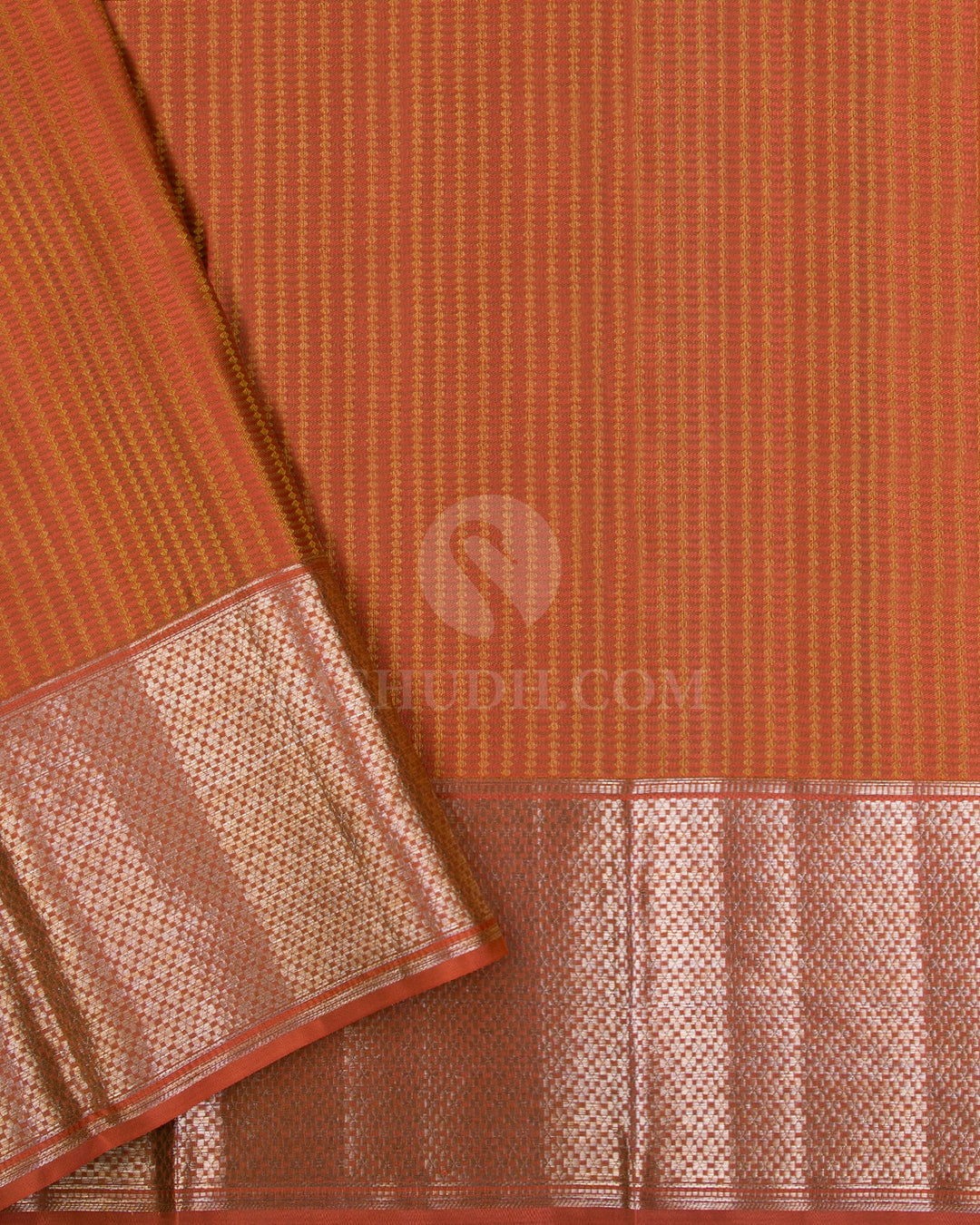 Golden Khaki And Rust Orange Kanjivaram Silk Saree - D529(B) - View 2