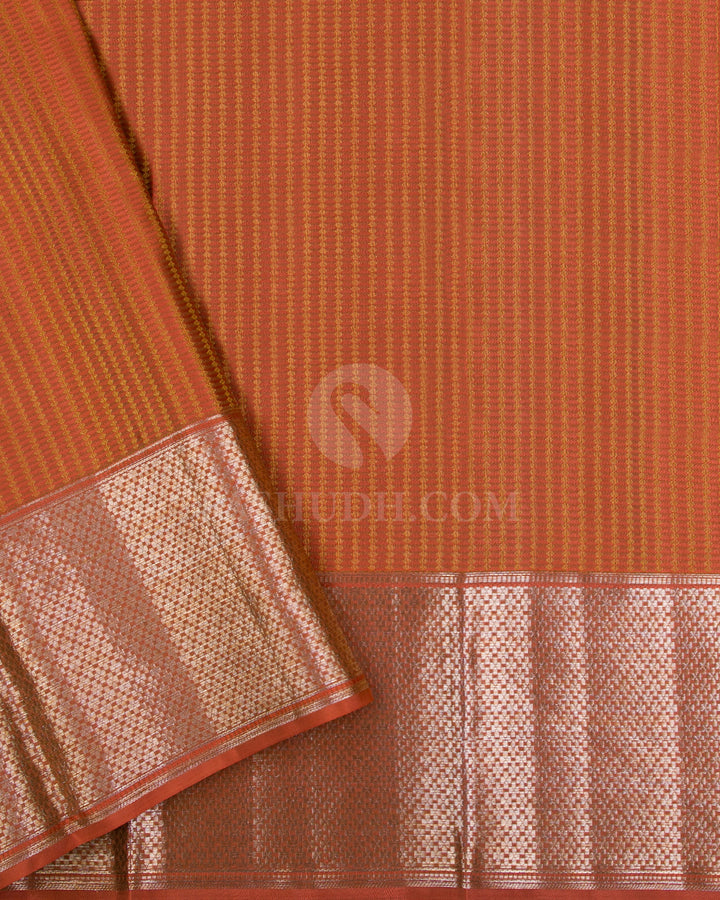 Golden Khaki And Rust Orange Kanjivaram Silk Saree - D529(B) - View 2