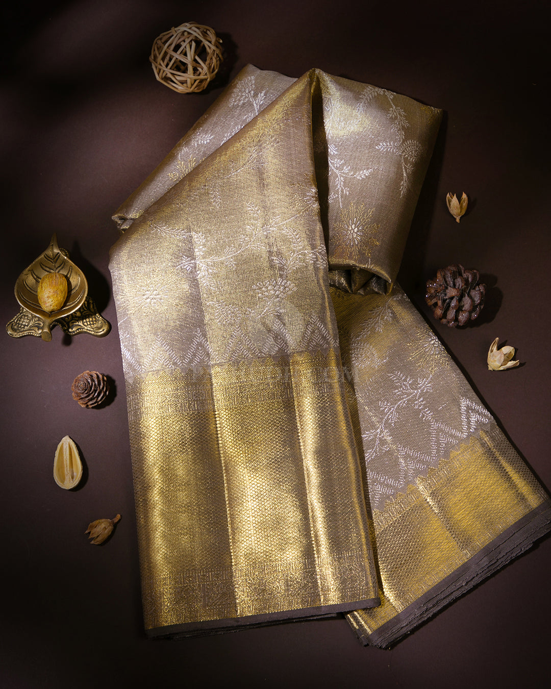 Grey Pure Zari Tissue Kanjivaram Silk Saree - S837