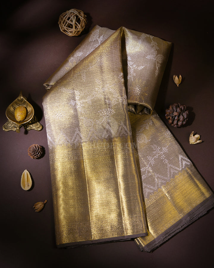 Grey Pure Zari Tissue Kanjivaram Silk Saree - S837