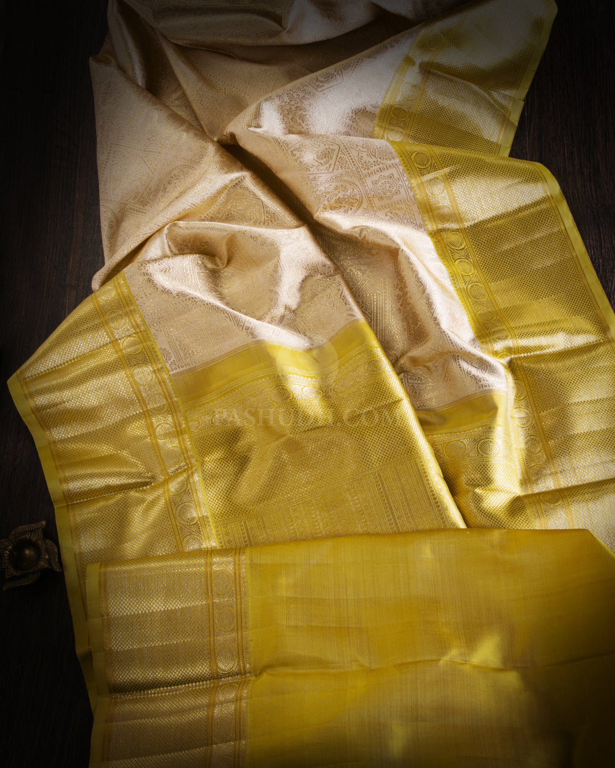 Ivory Cream & Tuscany Yellow Kanjivaram Silk Saree - S861 -View 2