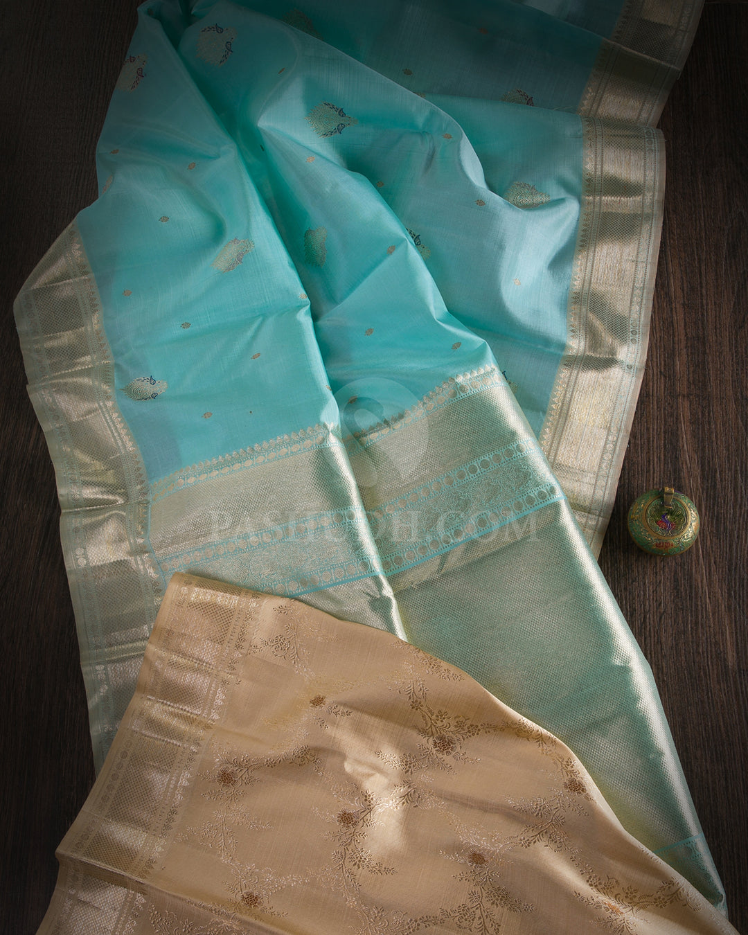 Pastel Sky Blue & Ivory Kanjivaram Silk Saree - S1100(A) - View 1