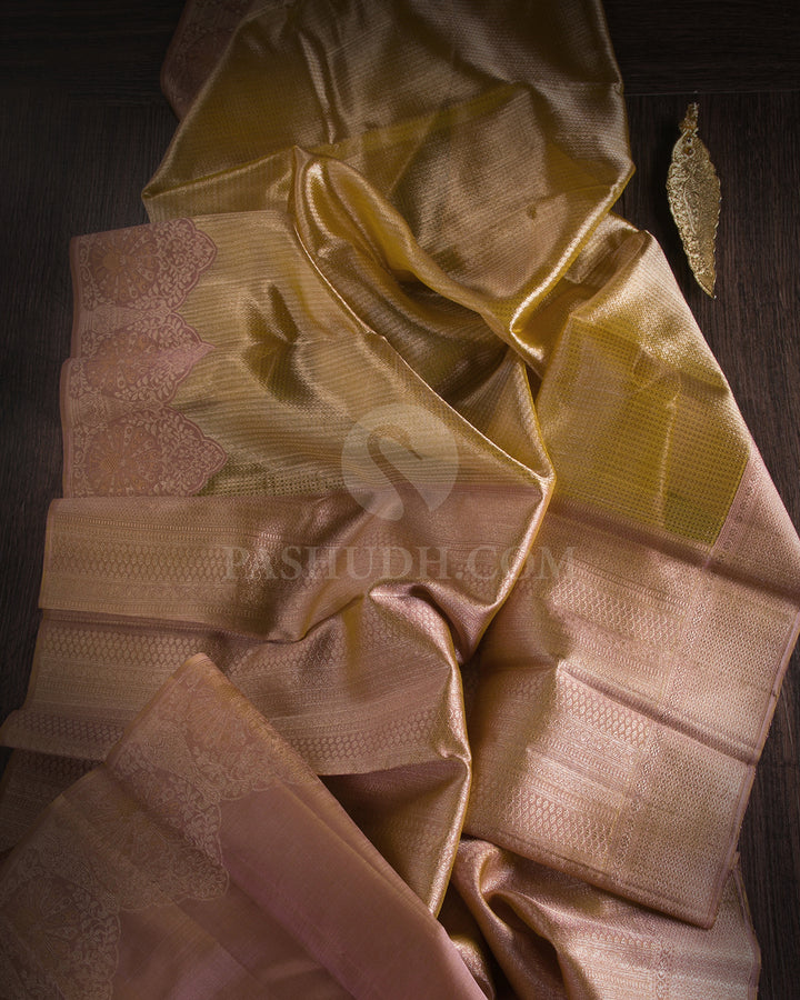 Gold & Mild Chocolate Brown Organza Kanjivaram Silk Saree - S1021(A) - View 1