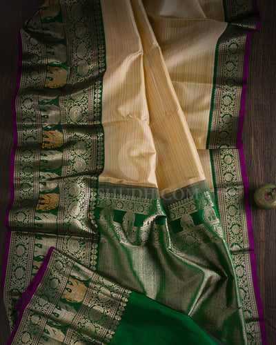 Cream & Forest Green Kanjivaram Silk Saree - S1013(C) - View 1