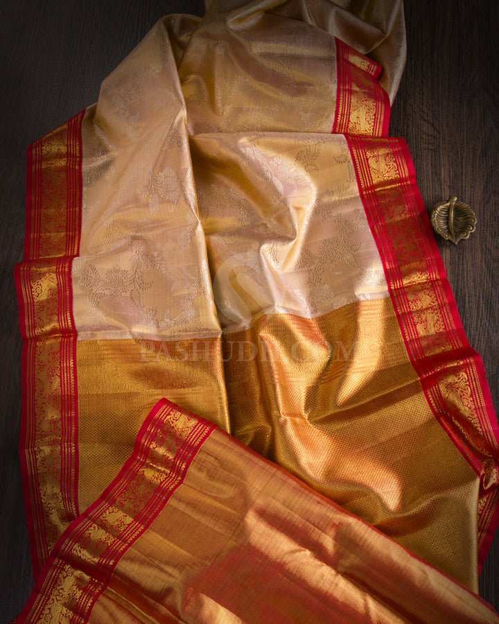 Pastel Peach & Red Tissue Kanjivaram Silk Saree - S1097(A) - View 1