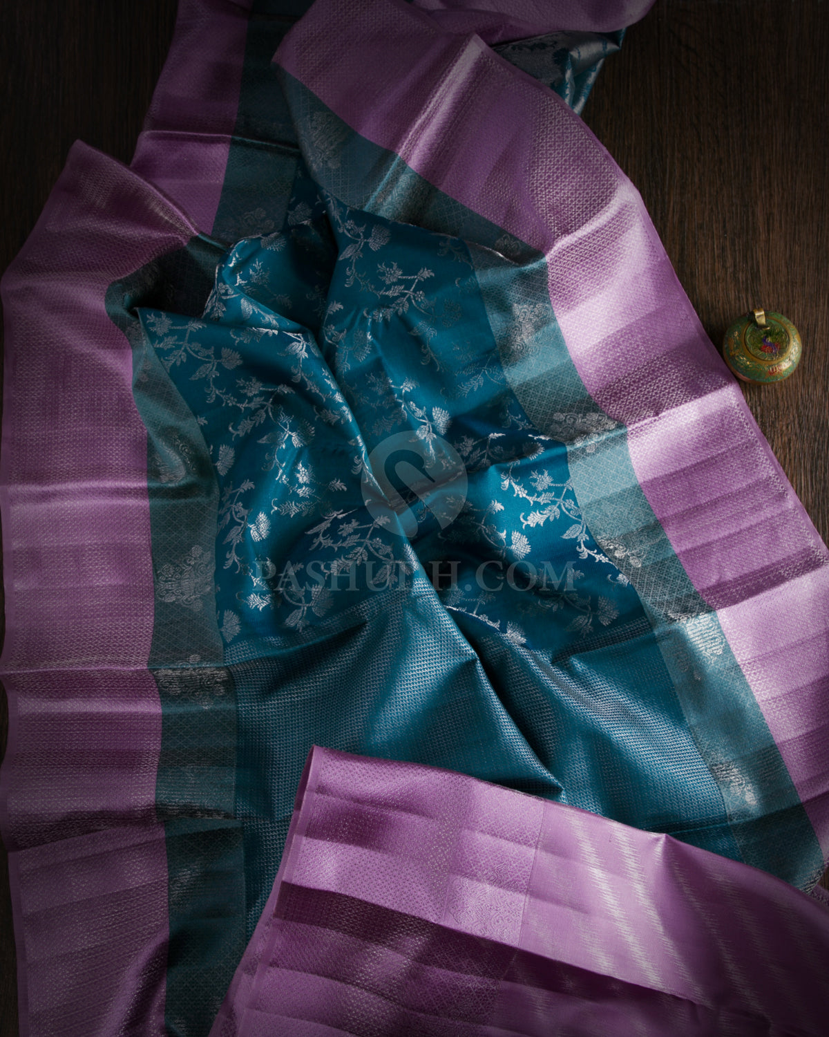 Teal Blue and Lavender Kanjivaram Silk Saree - D427 - View 1