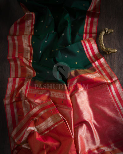 Bottle Green & Sunset Red Pure Zari Kanjivaram Silk Saree - P132 - View 1