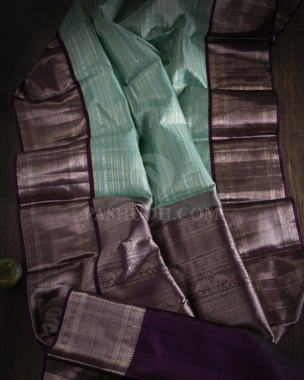Mint Green & Aubergine Kanjivaram Silk Saree - S1016(A) - View 1