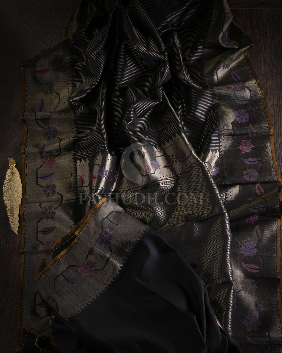 Black Kanjivaram Silk Saree with Paithani Border - S969 - View 1