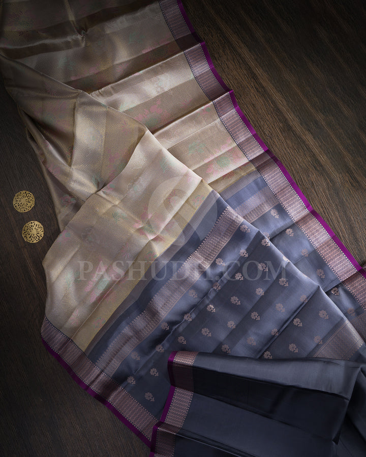 Steel Grey,Peach With Iron Grey Kanjivaram Silk Saree-DJ445(A)