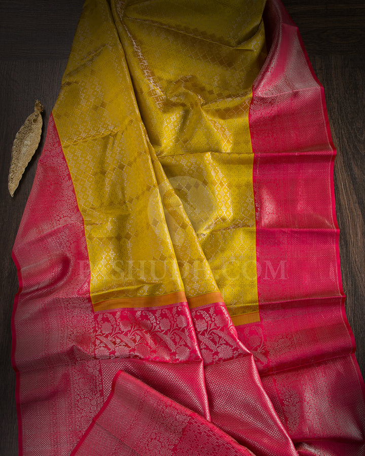 Daisy Yellow and Crimson Red Kanjivaram Silk Saree - DT251(F)