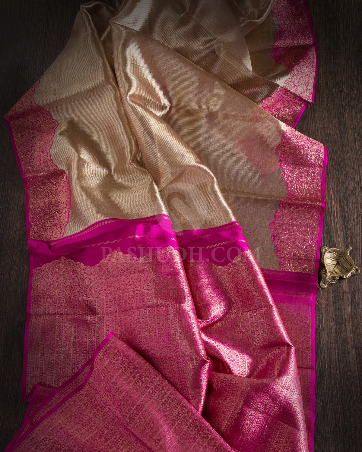 Antique Gold & Rani Pink Organza Kanjivaram Silk Saree - S1046(A) - View 1