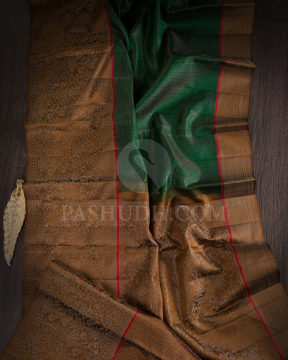 Bottle Green And Golden Brown Kanjivaram Silk Saree - DJ320(A)