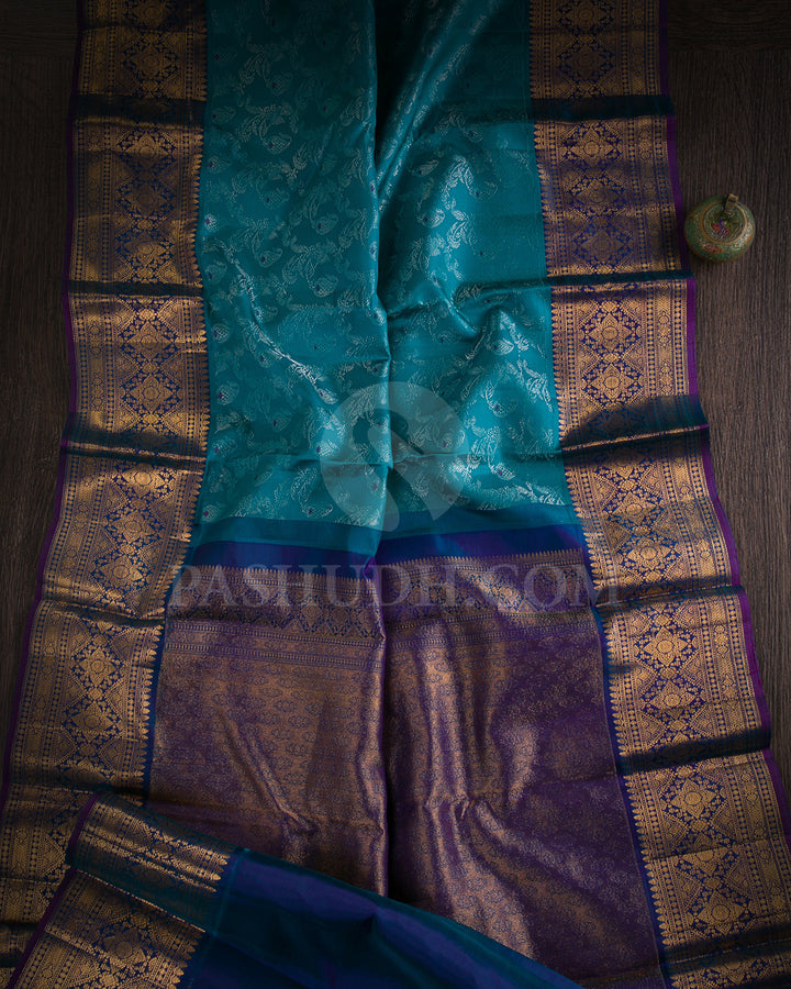 Aquamarine Blue And Dark Blue Kanjivaram Silk Saree -  DJ323(A)