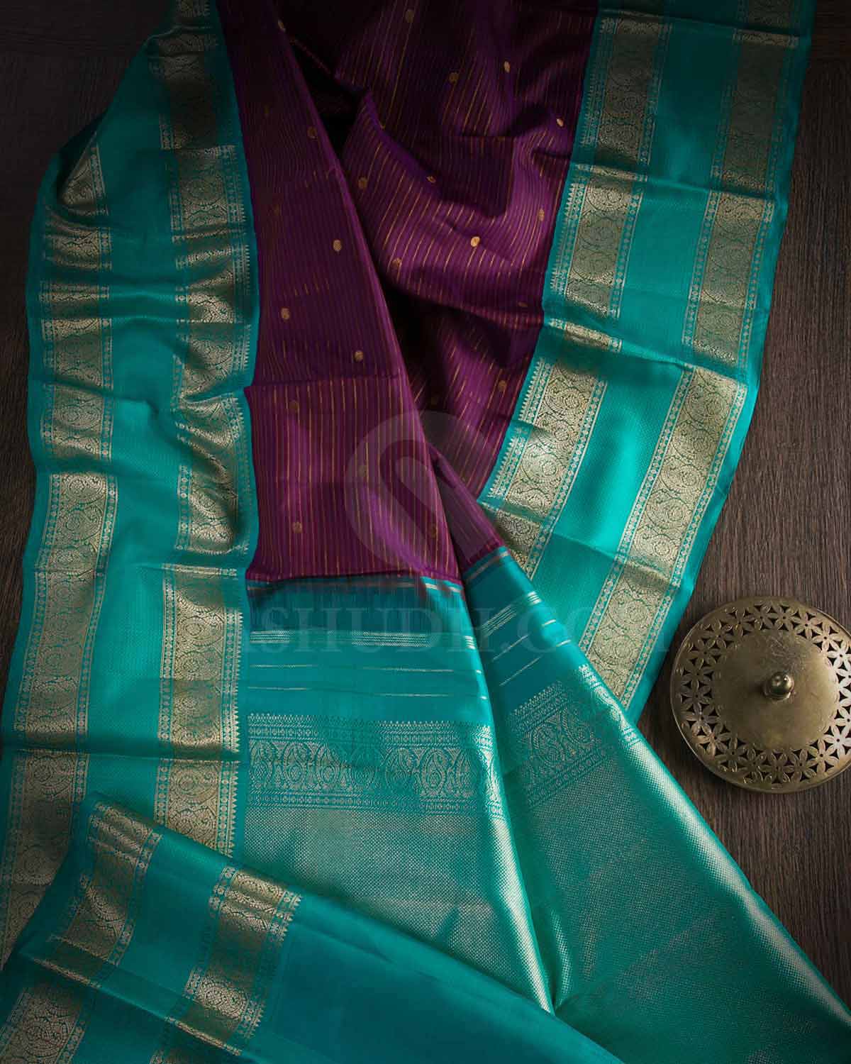 Aubergine And Aquamarine Blue Kanjivaram Silk Saree - S1224(A)