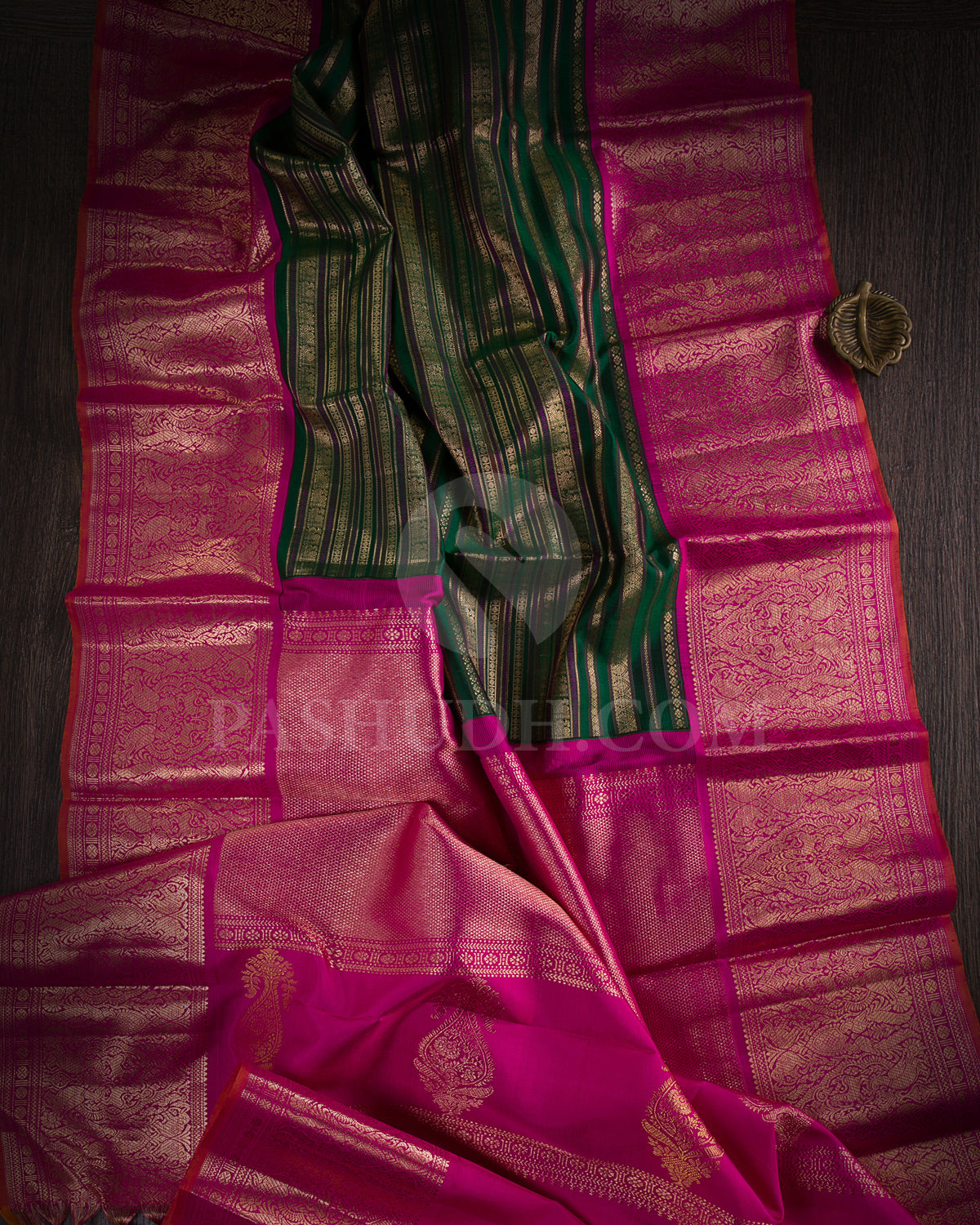 Bottle Green And Rani Pink Kanjivaram Silk Saree - S1203(A)