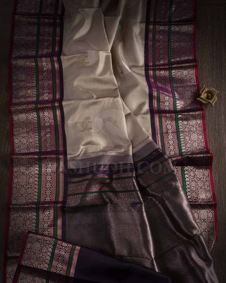 Ivory And Aubergine Kanjivaram Silk Saree - S1221(A)