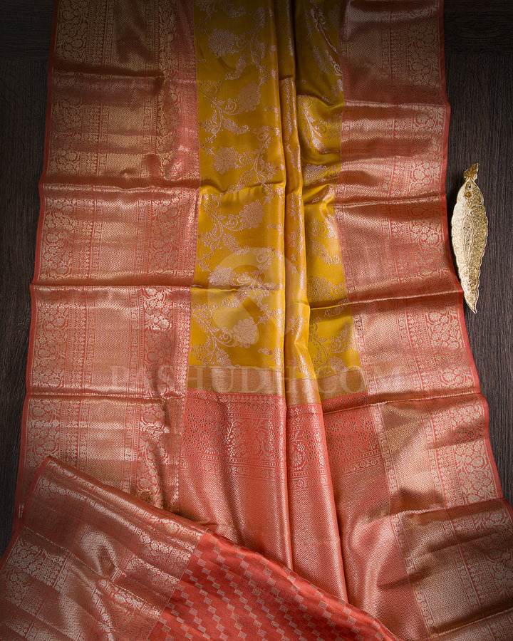 Mustard And Rust Orange Kanjivaram Silk Saree - D556(A)