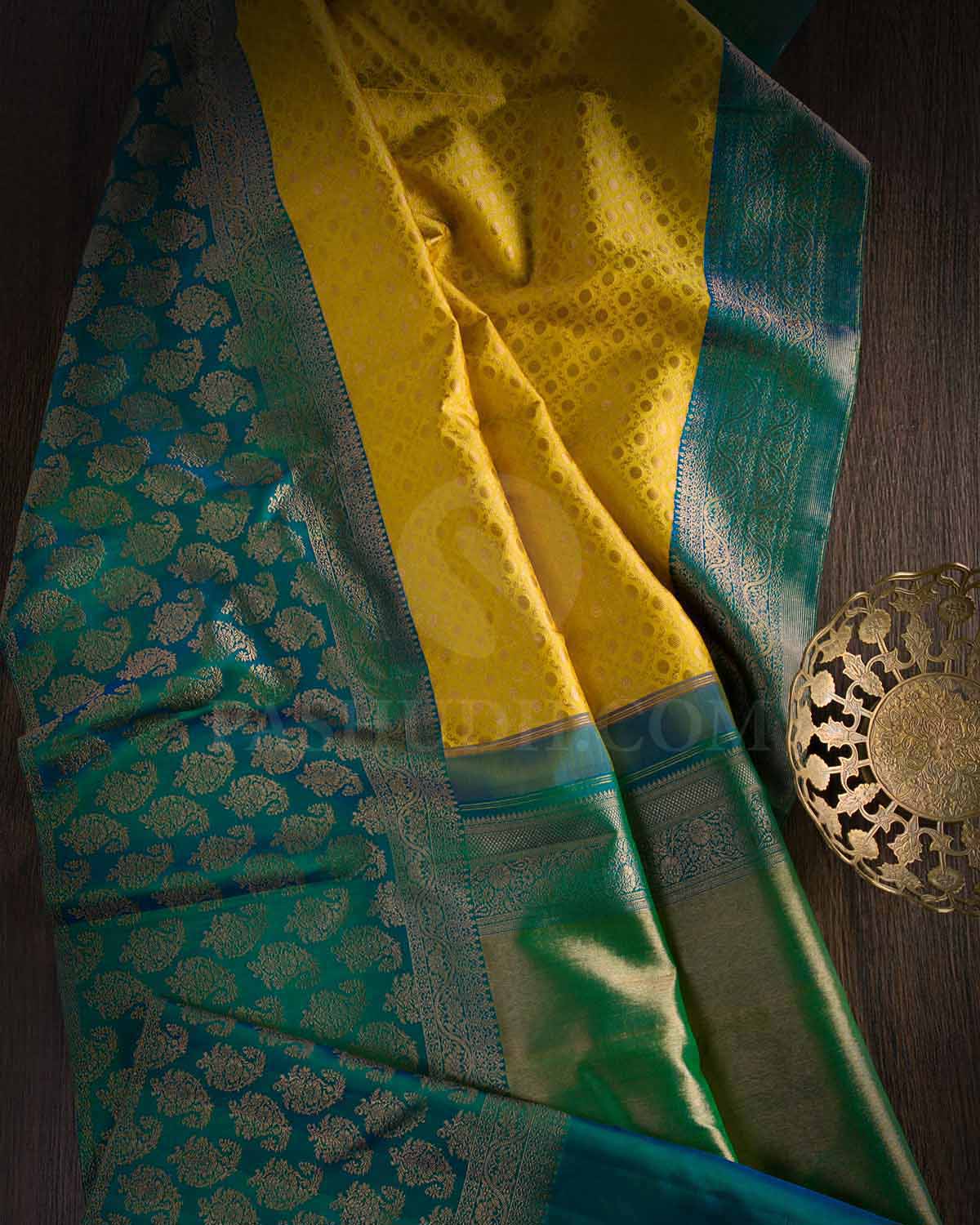 Yellow And Peacock Blue Kanjivaram Silk Saree - S1223(A)