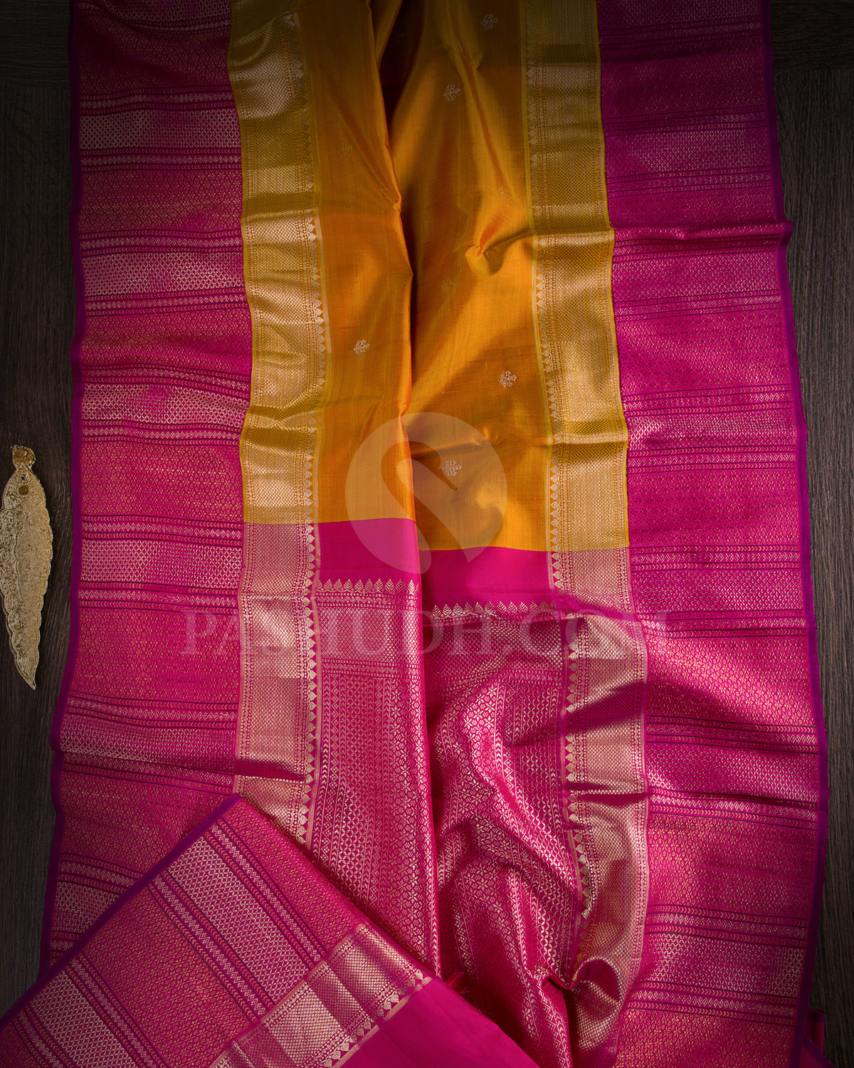 Mango Yellow And Rani Pink Kanjivaram Silk Saree - S1068(B)