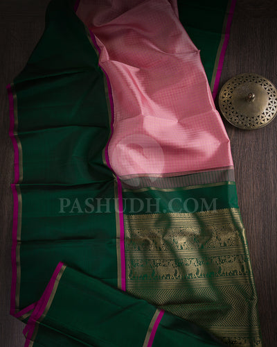 Baby Pink and Bottle Green Kanjivaram Silk Saree