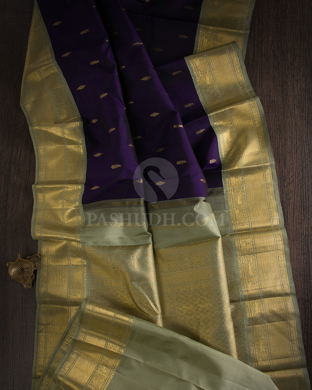 Royal Blue Violet & Sage Green Kanjivaram Silk Saree - D18
