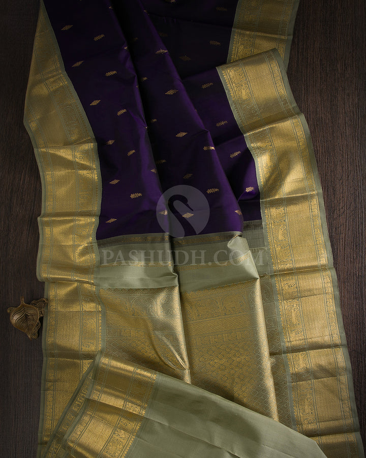 Royal Blue Violet & Sage Green Kanjivaram Silk Saree - D18