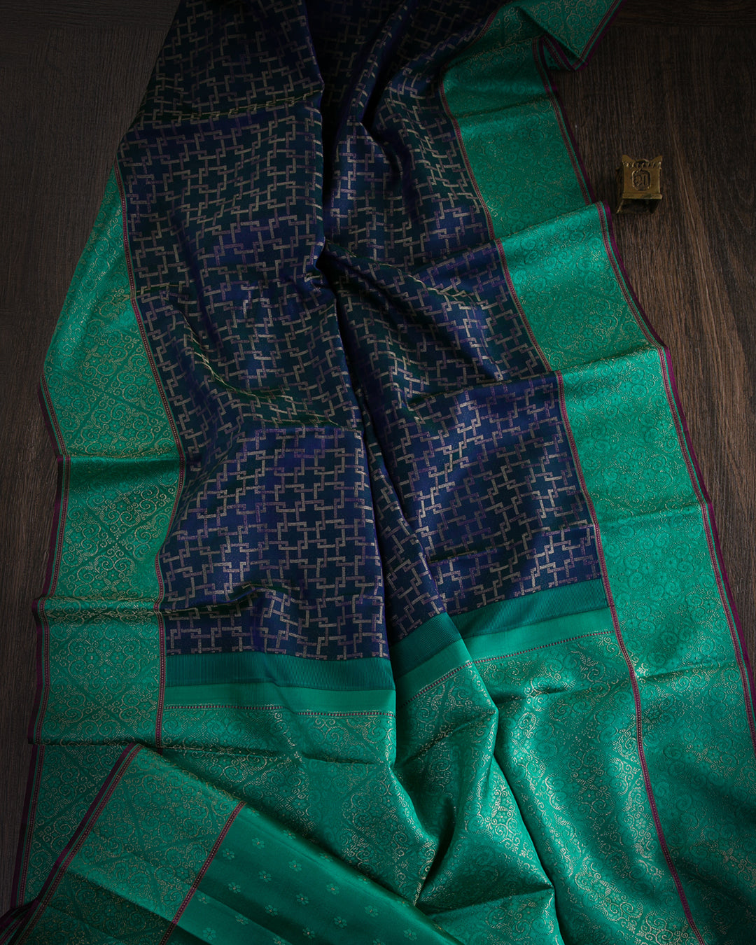 Navy Blue and Sea Green Kanjivaram Silk Saree - DJ315(A)