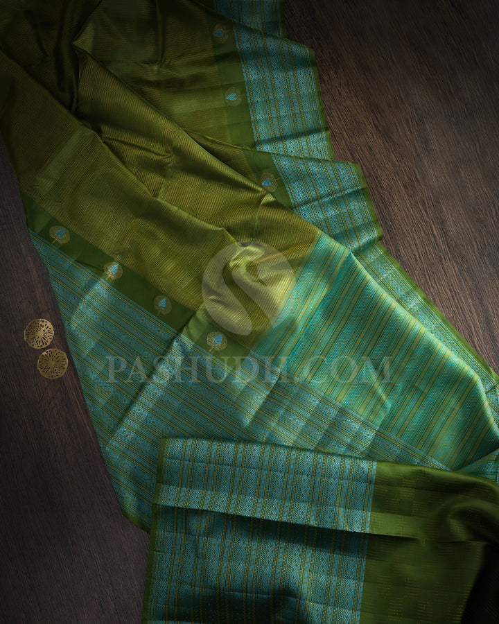 Moss Green With Powder Blue Kanjivaram Silk Saree-D631(F)