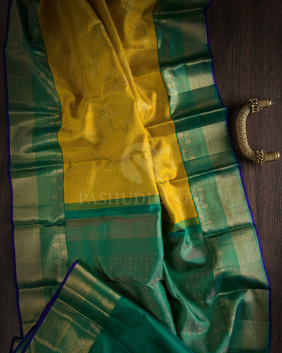 Yellow & Rama Green Kanjivaram Silk Saree - DJ304(A) - View 1