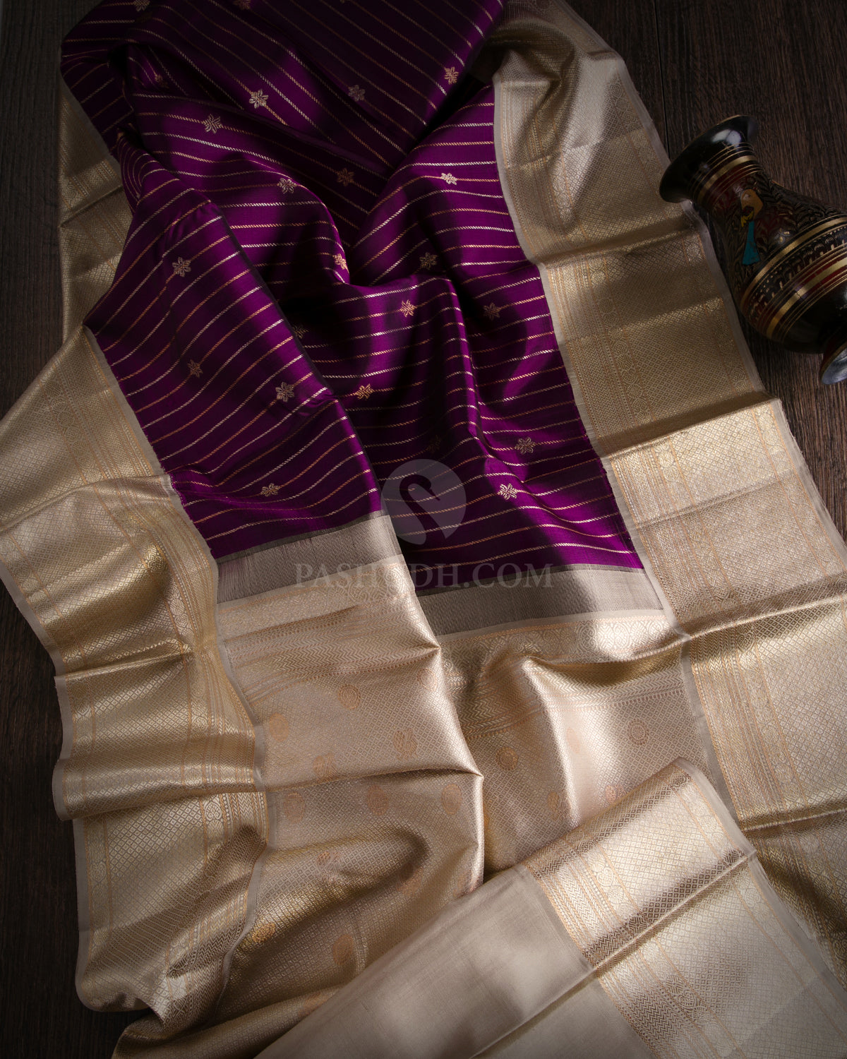 Purple & Greige Zari Kanjivaram Silk Saree - S825 – Pashudh