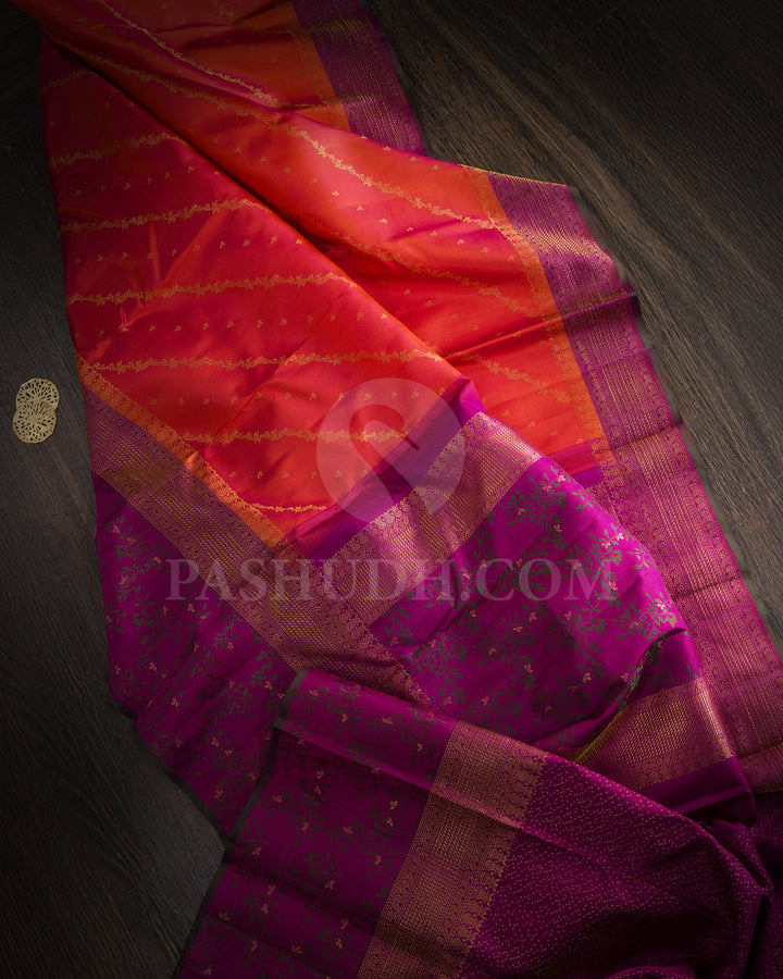 Dual Shaded Orange And Pink With Magenta Kanjivaram Silk Saree-DJ420(D)