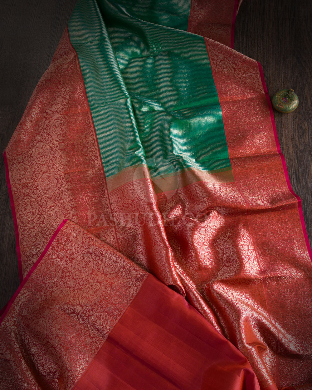 Emerald Green & Burnt Orange Kanjivaram Silk Saree - S1070(A) - View 1