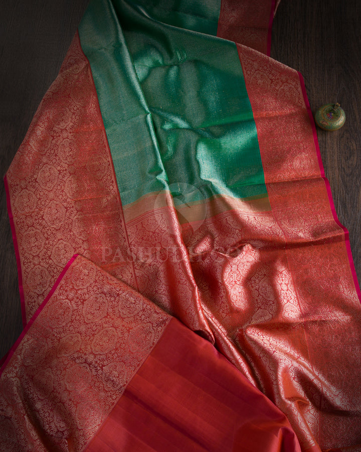 Emerald Green & Burnt Orange Kanjivaram Silk Saree - S1070(A) - View 1