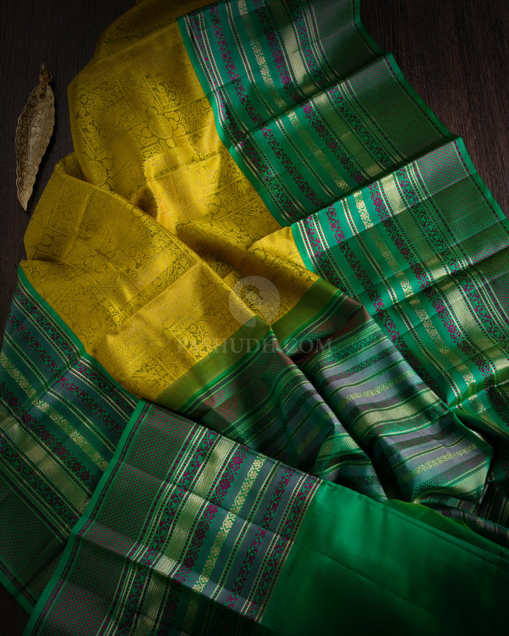 Mustard Yellow and Green Kanjivaram Silk Saree - DJ213 -View 1