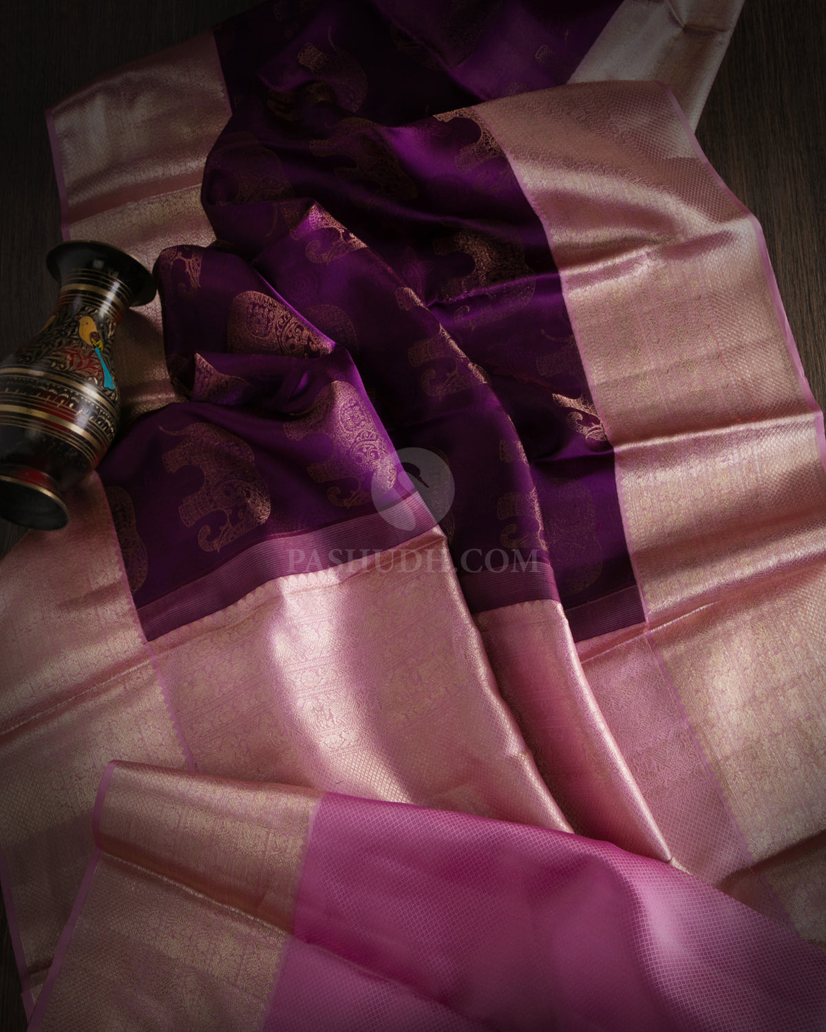 Deep Violet Baby Pink Kanjivaram Silk Saree - D451- View 1