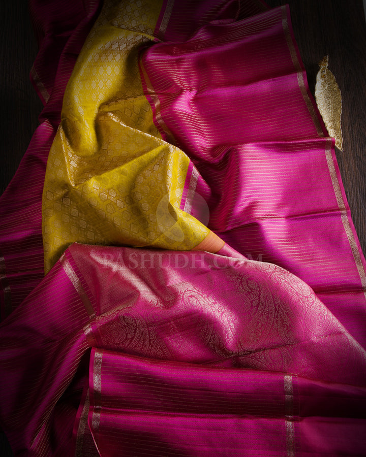 Yellow and Pink Kanjivaram Silk Saree - DT218