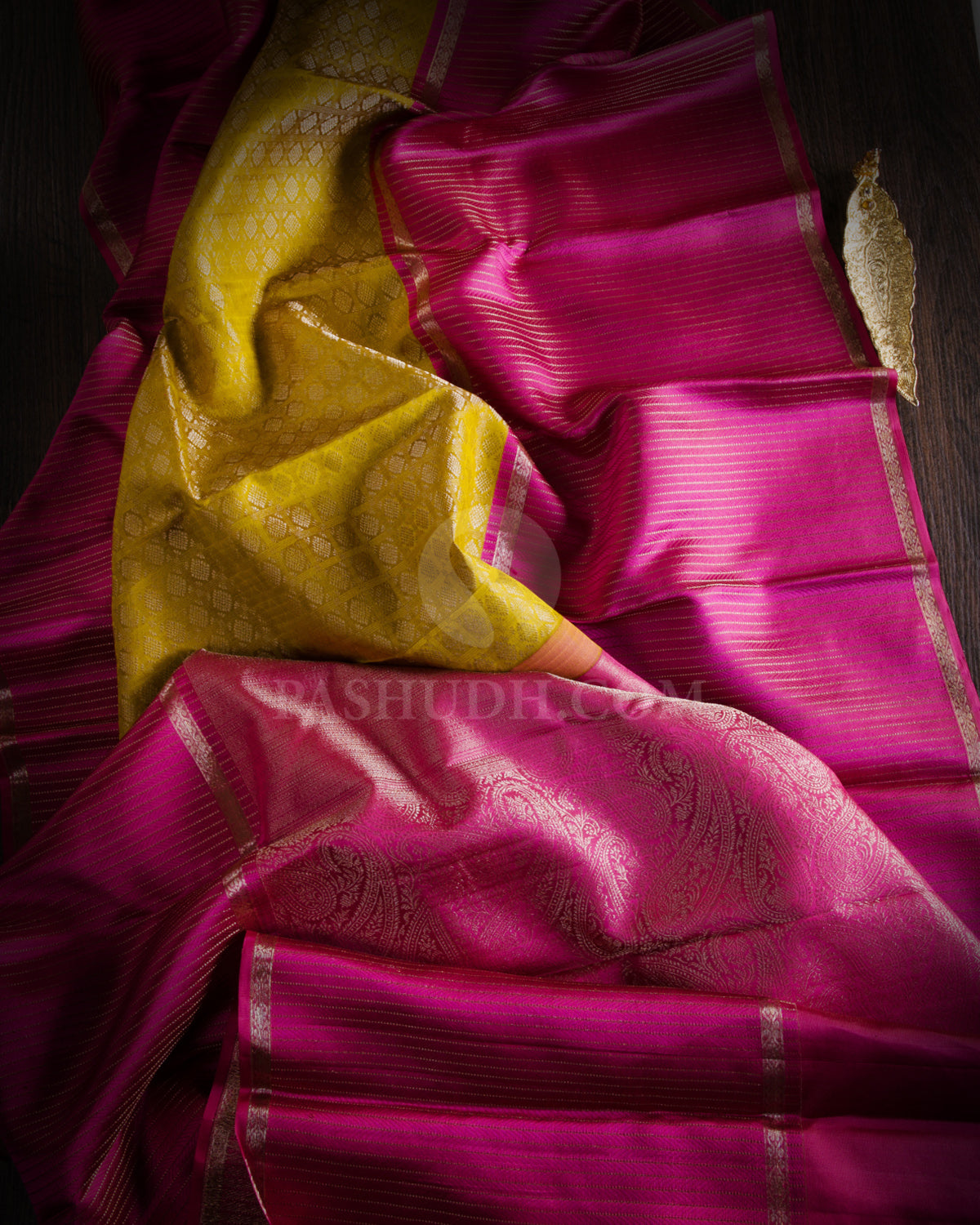 Yellow and Pink Kanjivaram Silk Saree - DT218