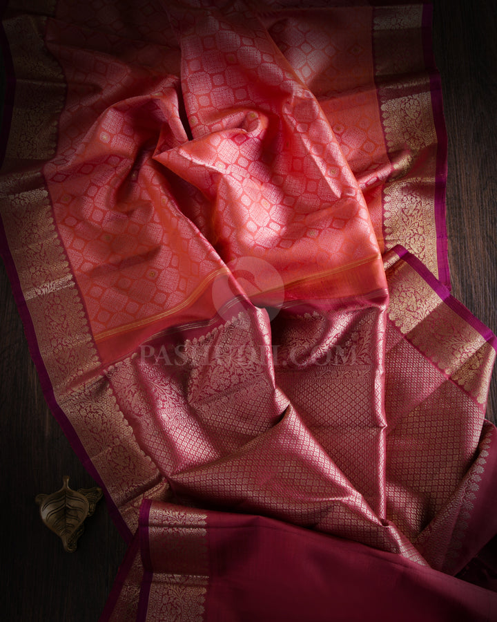 Salmon Pink and Maroon Kanjivaram Silk Saree - S919
