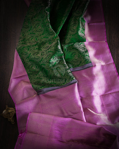Emerald Green and Lilac Kanjivaram Silk Saree - DT203