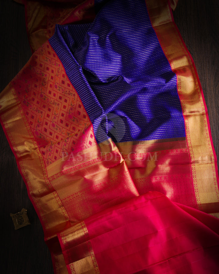Navy Blue & Red Pure Zari Kanjivaram Silk Saree - P124