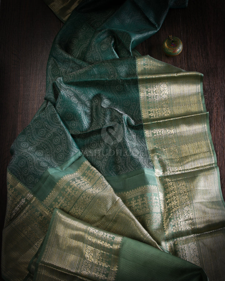 Forest Green & Sage Green Kanjivaram Silk Saree - D469